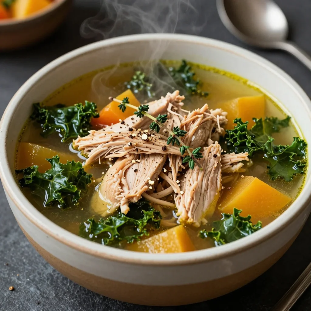 healthy meal prep chicken and kale soup for busy winter evenings