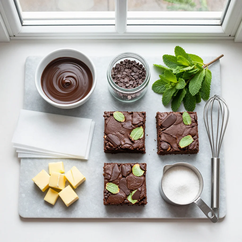 All ingredients for Mint Chocolate Chip Brownies Fudgy arranged on a wooden board