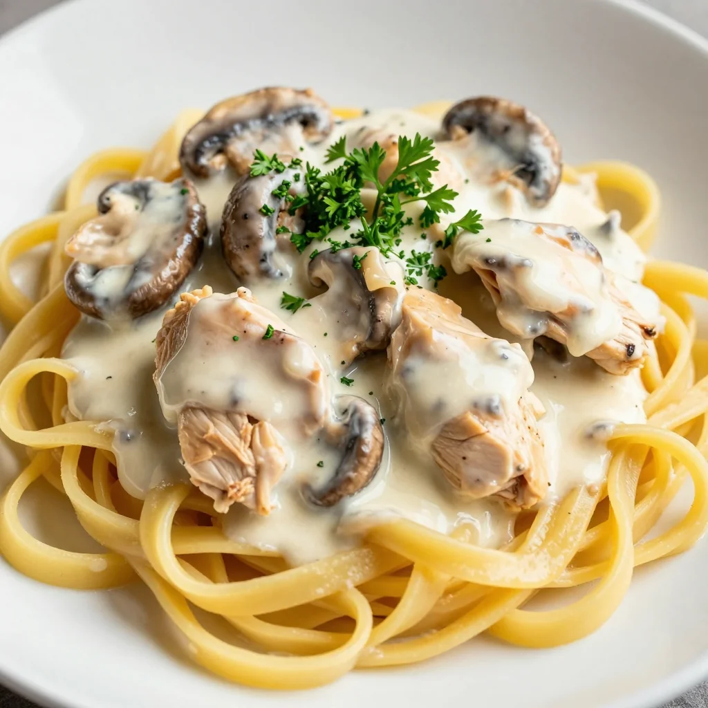 Creamy Chicken and Mushroom Stroganoff over Egg Noodles