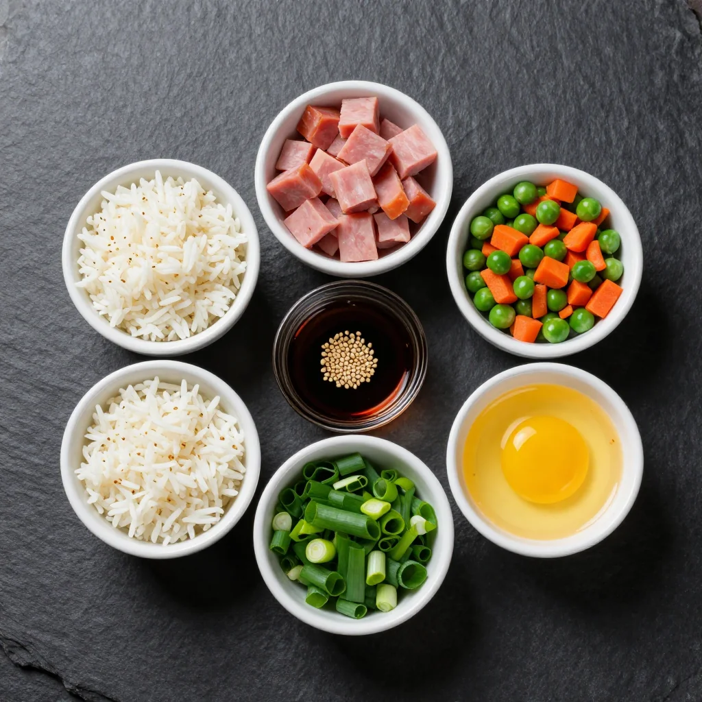 Ingredients for easy weeknight fried rice with ham and vegetables