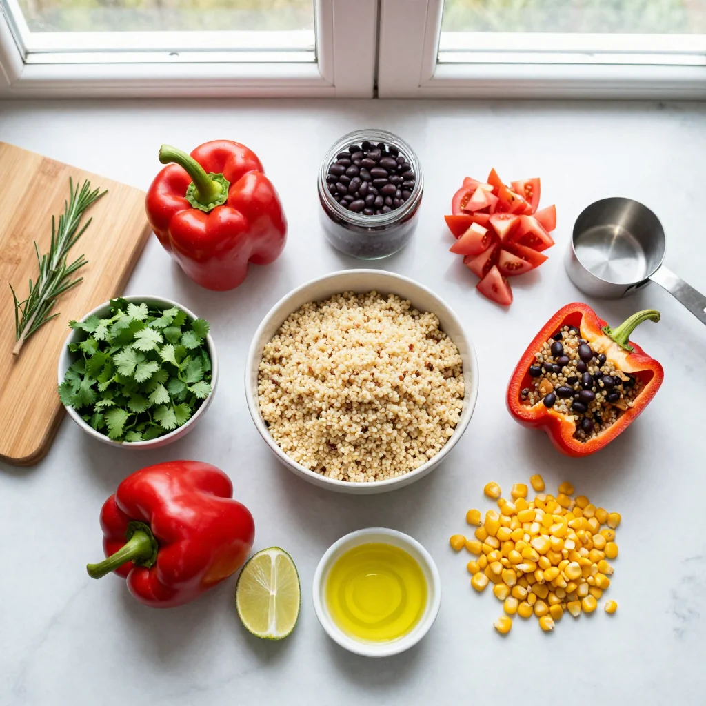 All ingredients for Stuffed Peppers with Quinoa and Black Beans