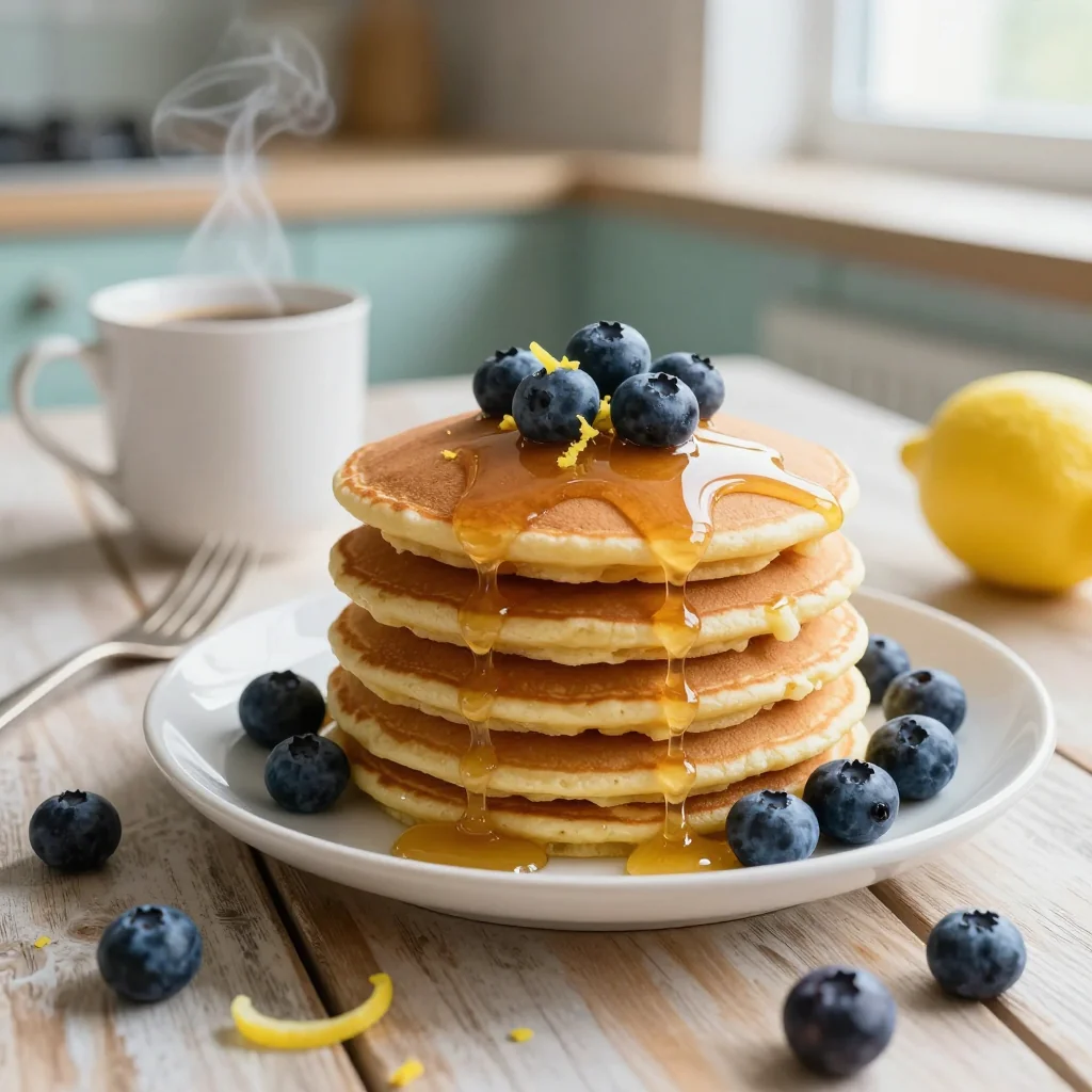 Lemon Blueberry Pancakes with Maple Syrup