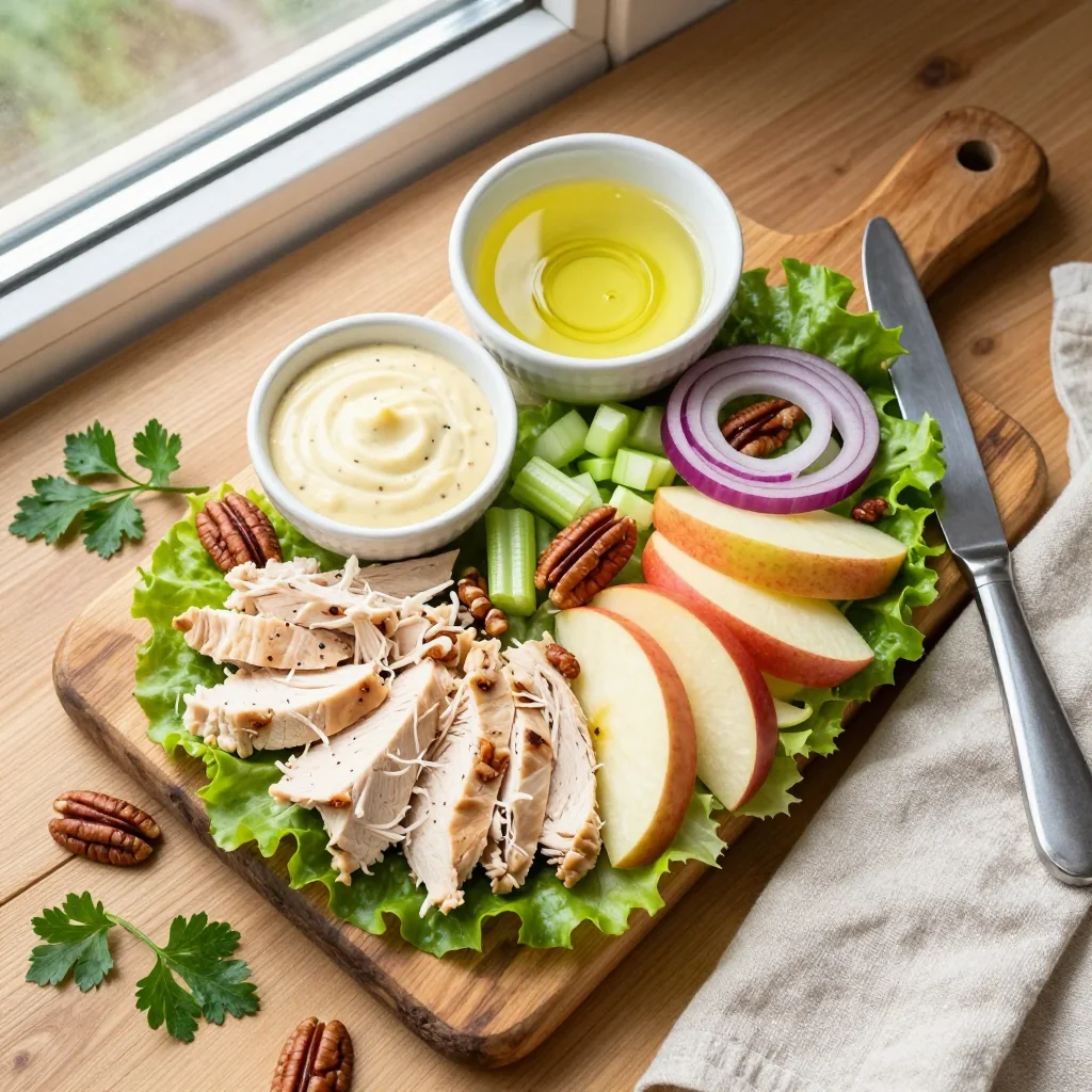 All ingredients for Chicken Salad with Apple and Pecans laid out on a wooden board