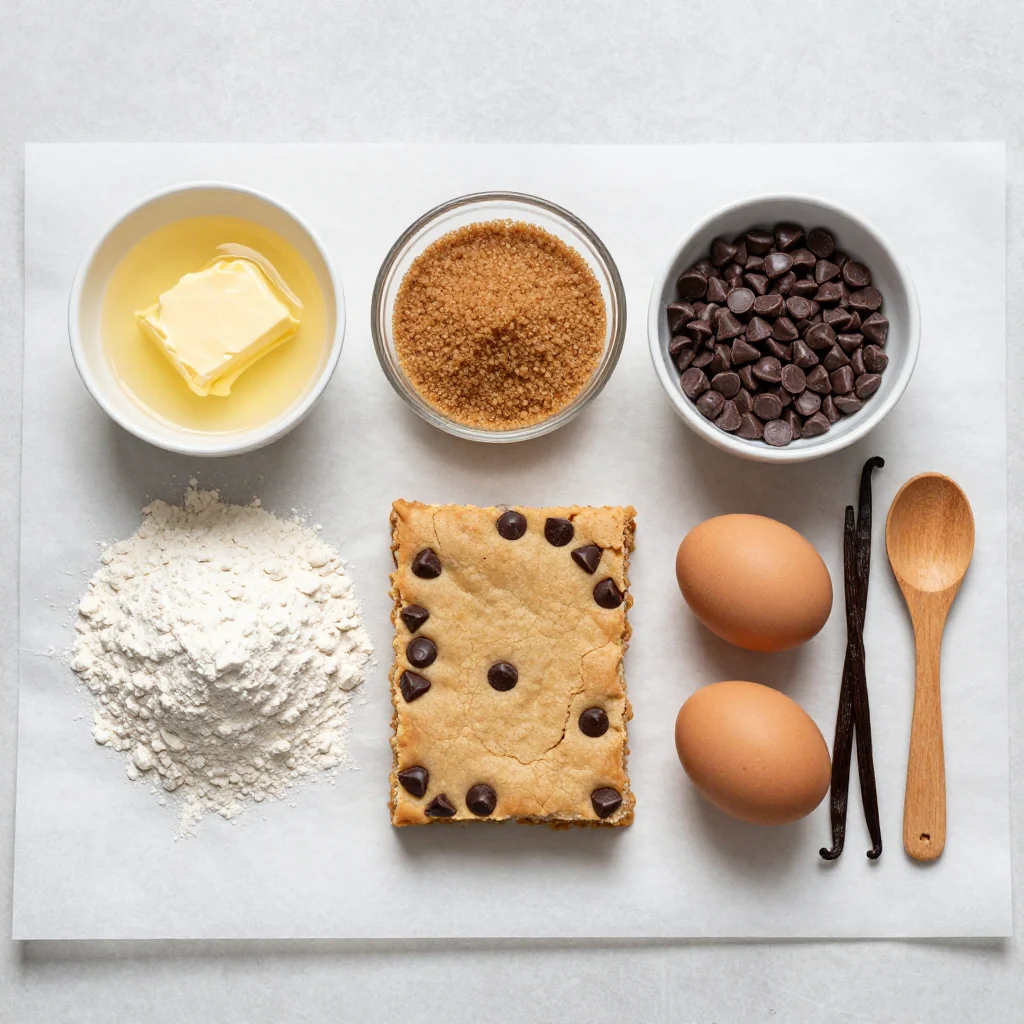 All ingredients laid out for Cookie Bars with Chocolate Chips
