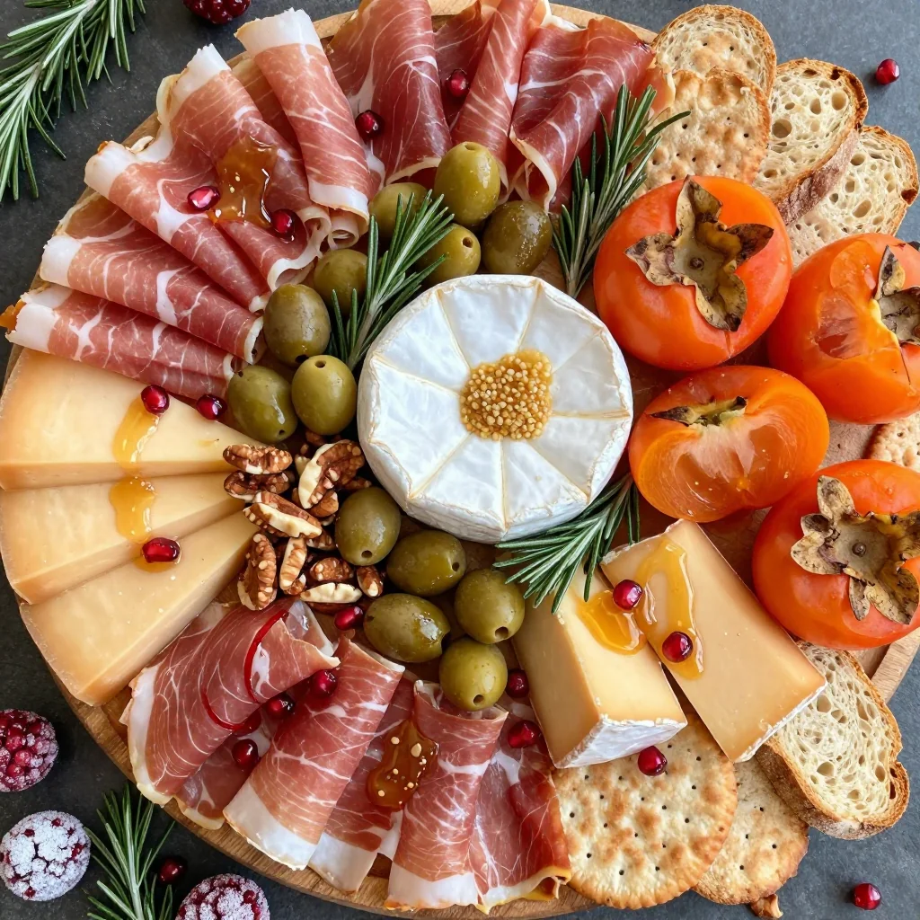 holiday party meat and cheese platter with fresh persimmons