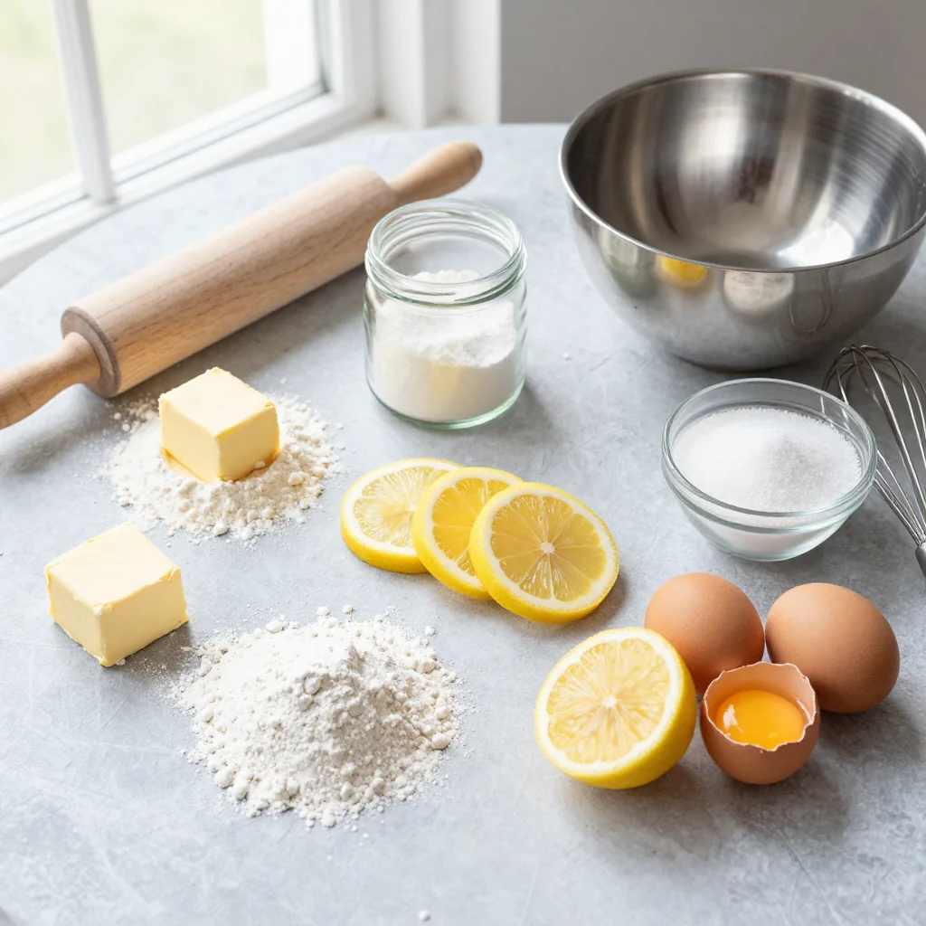 All ingredients for Easy Lemon Bars with Shortbread Crust and Powdered Sugar