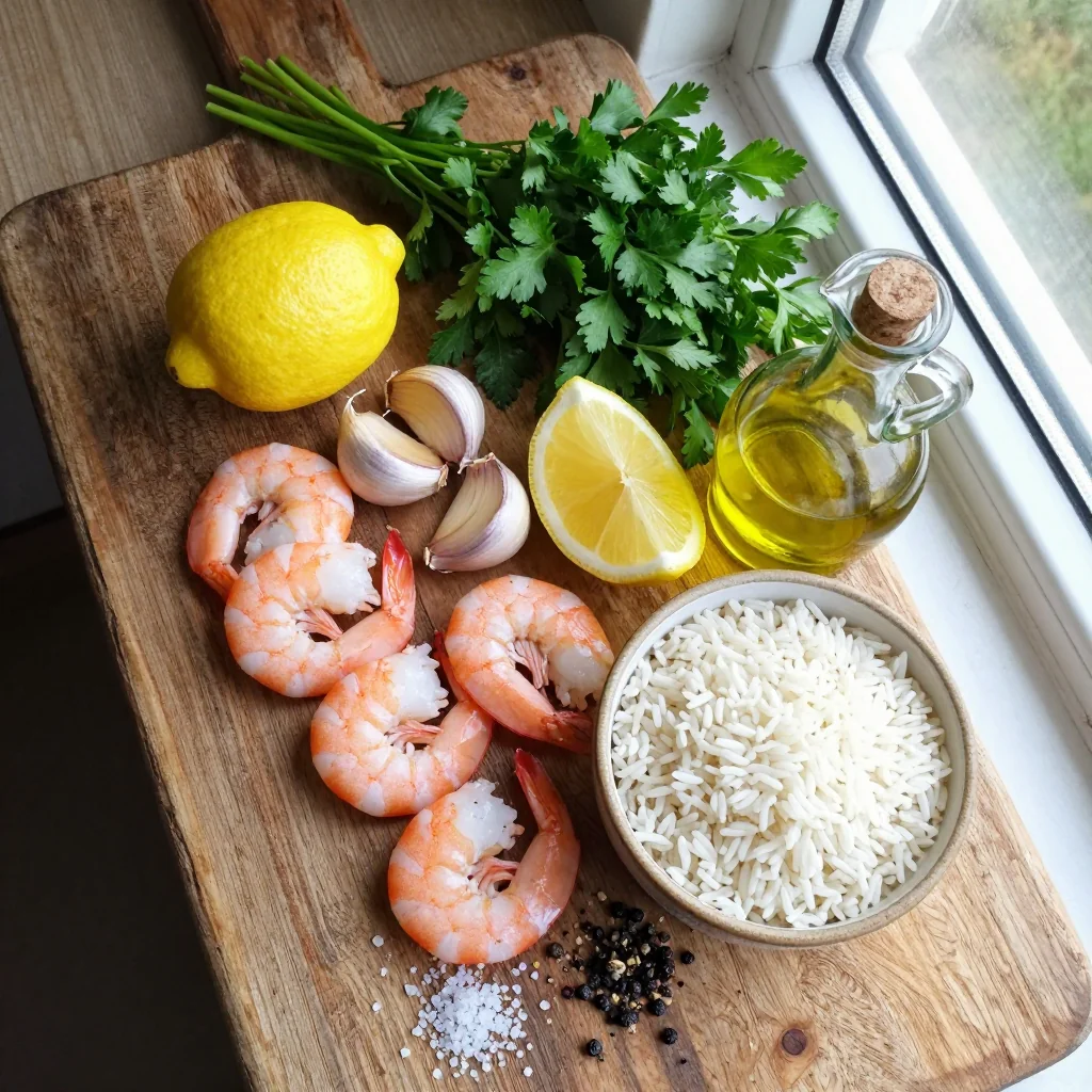 All ingredients laid out for Lemon Garlic Shrimp with Rice