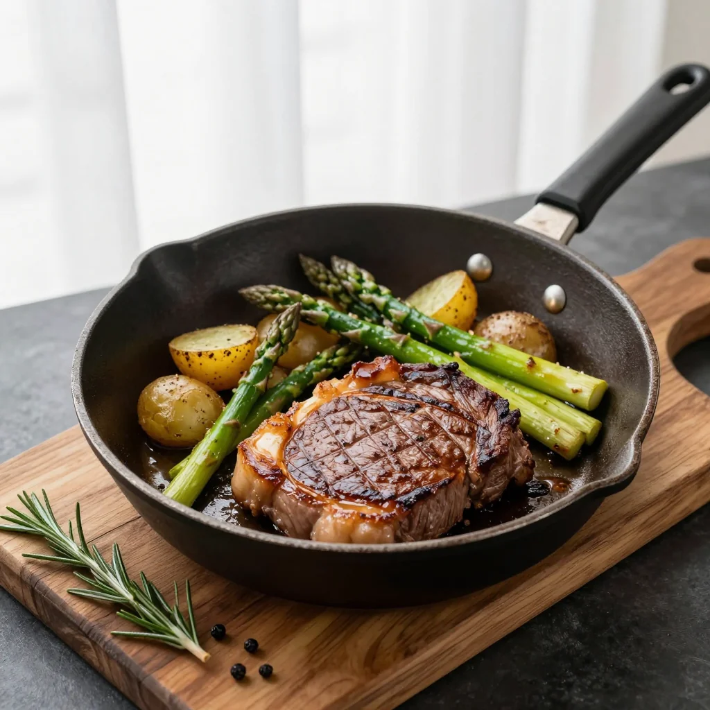 Steak with Asparagus and Potatoes Skillet