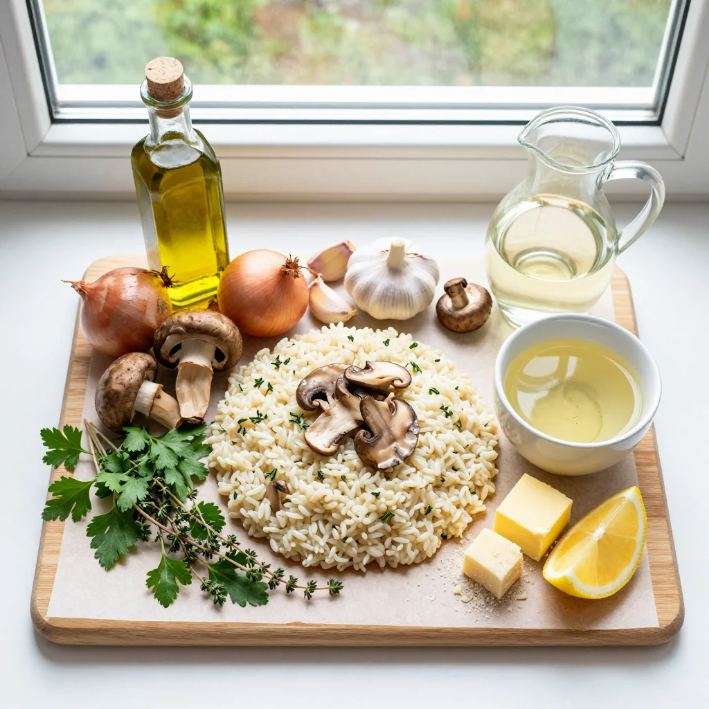 All ingredients for Creamy Mushroom Risotto with Truffle Oil