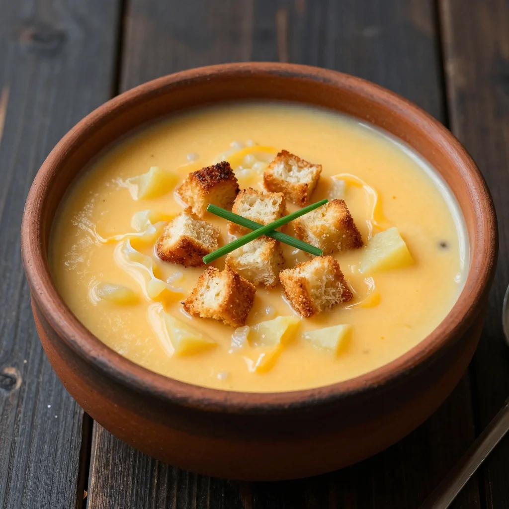 Creamy Potato and Cheddar Soup with Croutons