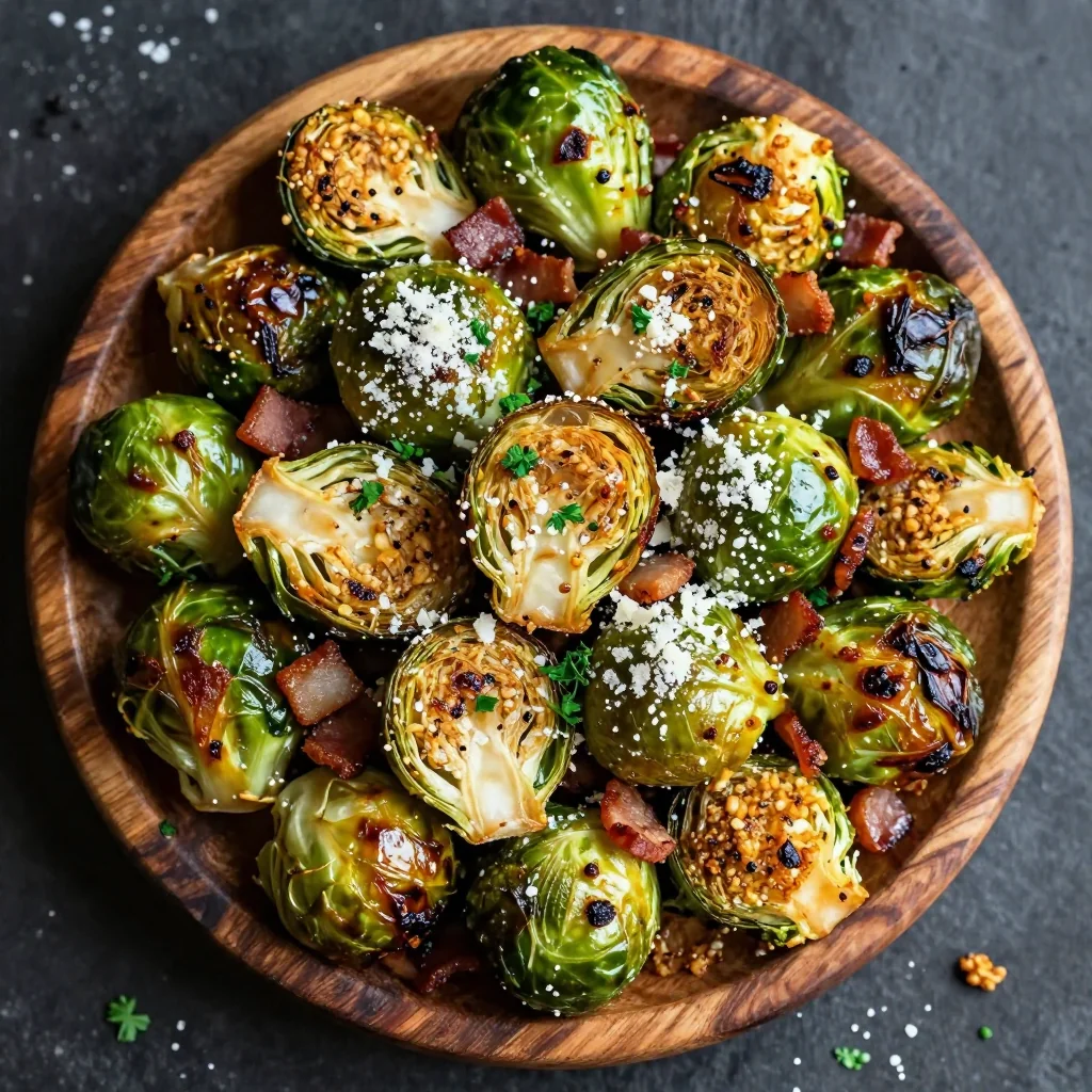 baked garlic parmesan brussels sprouts with bacon for holiday side dishes