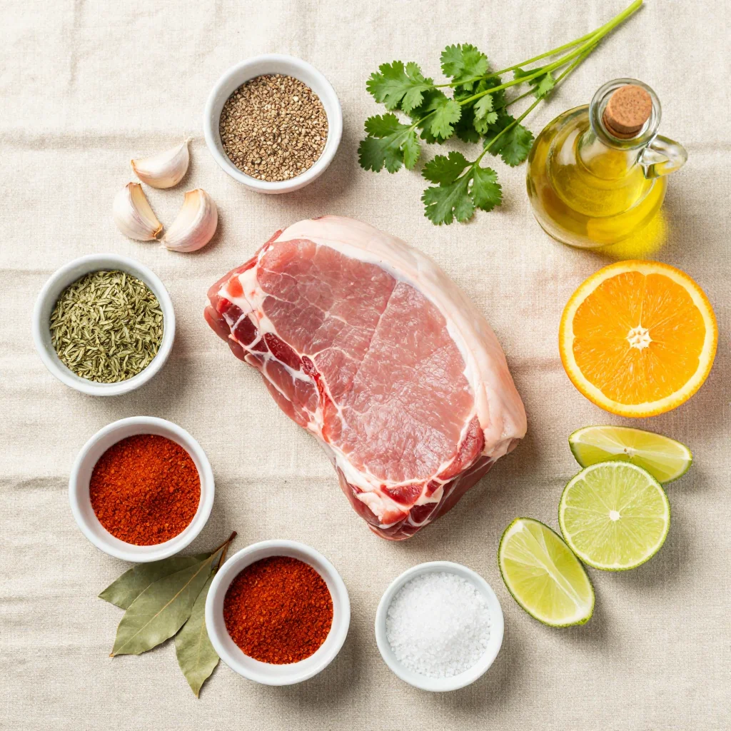 All ingredients for Pork Carnitas Instant Pot Crispy neatly arranged on a wooden board