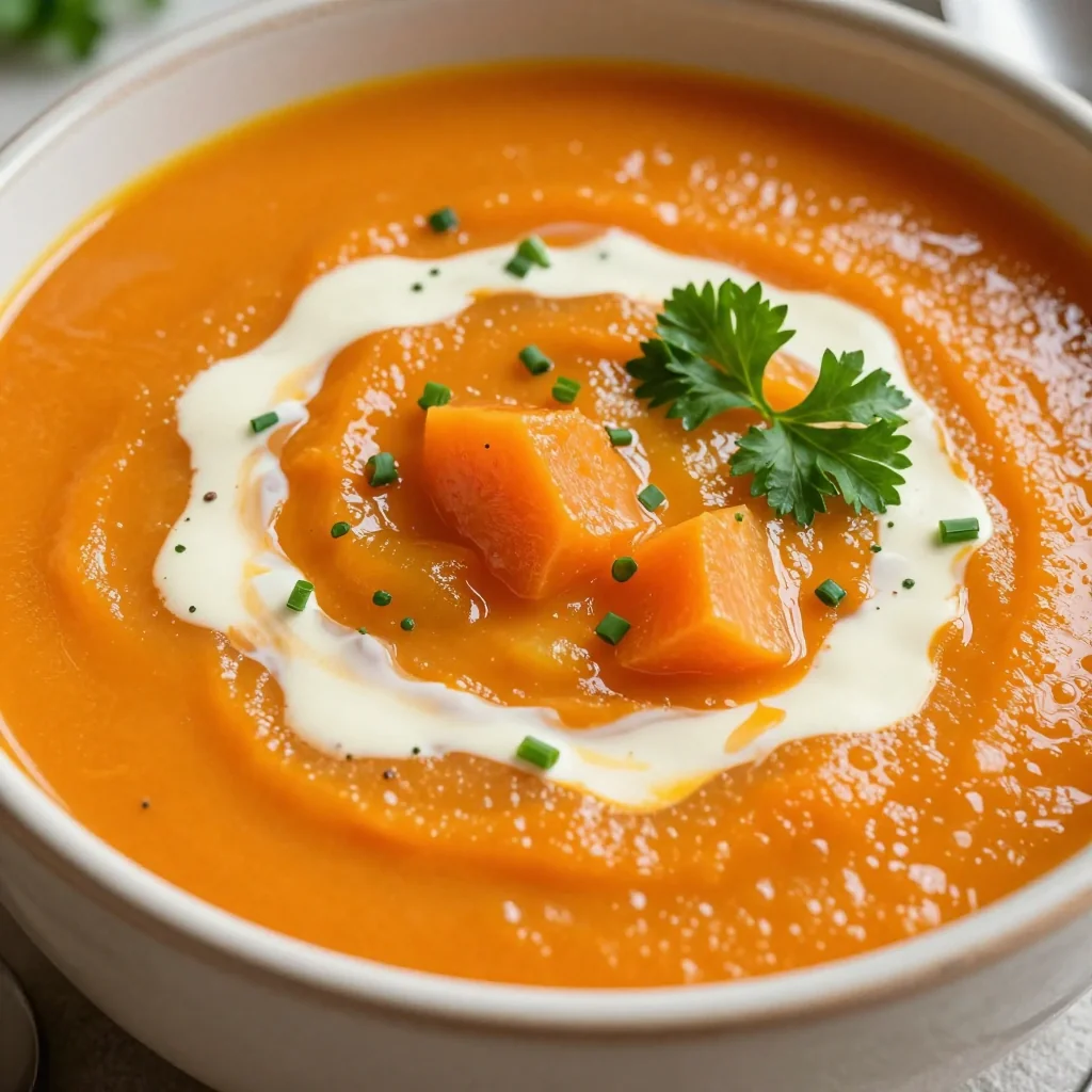 warm carrot and parsnip soup with fresh herbs for meal prep