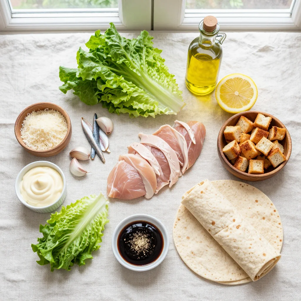 All ingredients for Chicken Caesar Wrap with Homemade Dressing