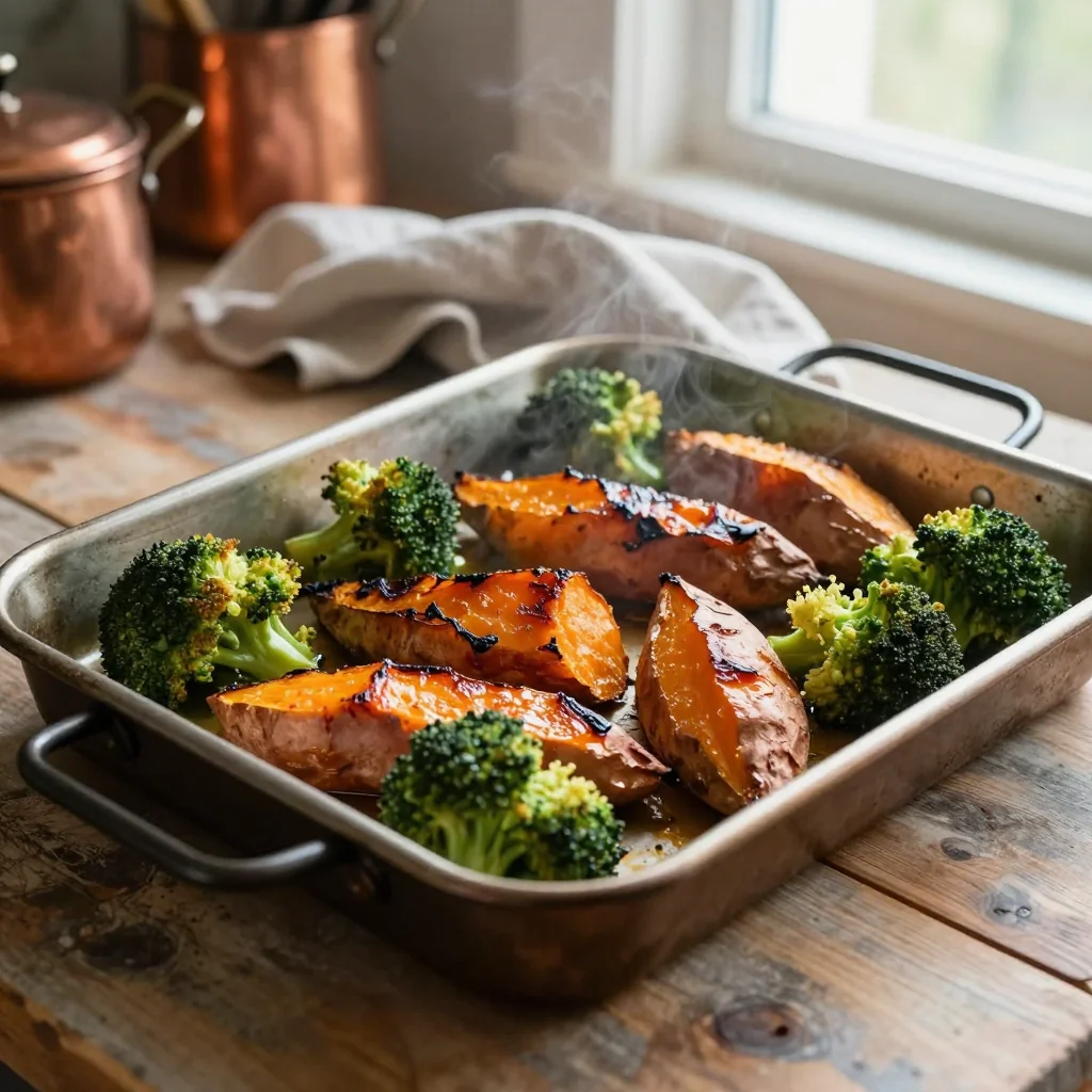Roasted Sweet Potatoes and Broccoli Sheet Pan
