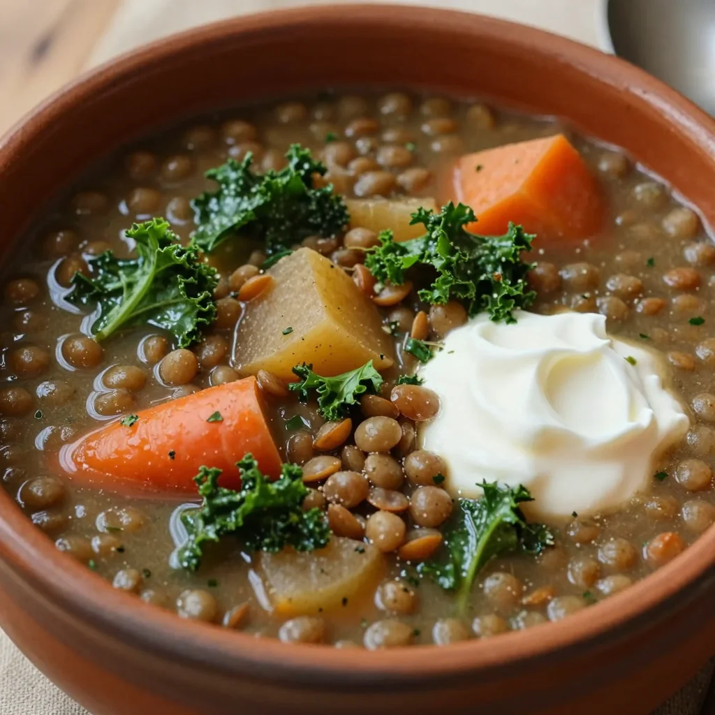 high protein lentil stew with winter greens and root vegetables