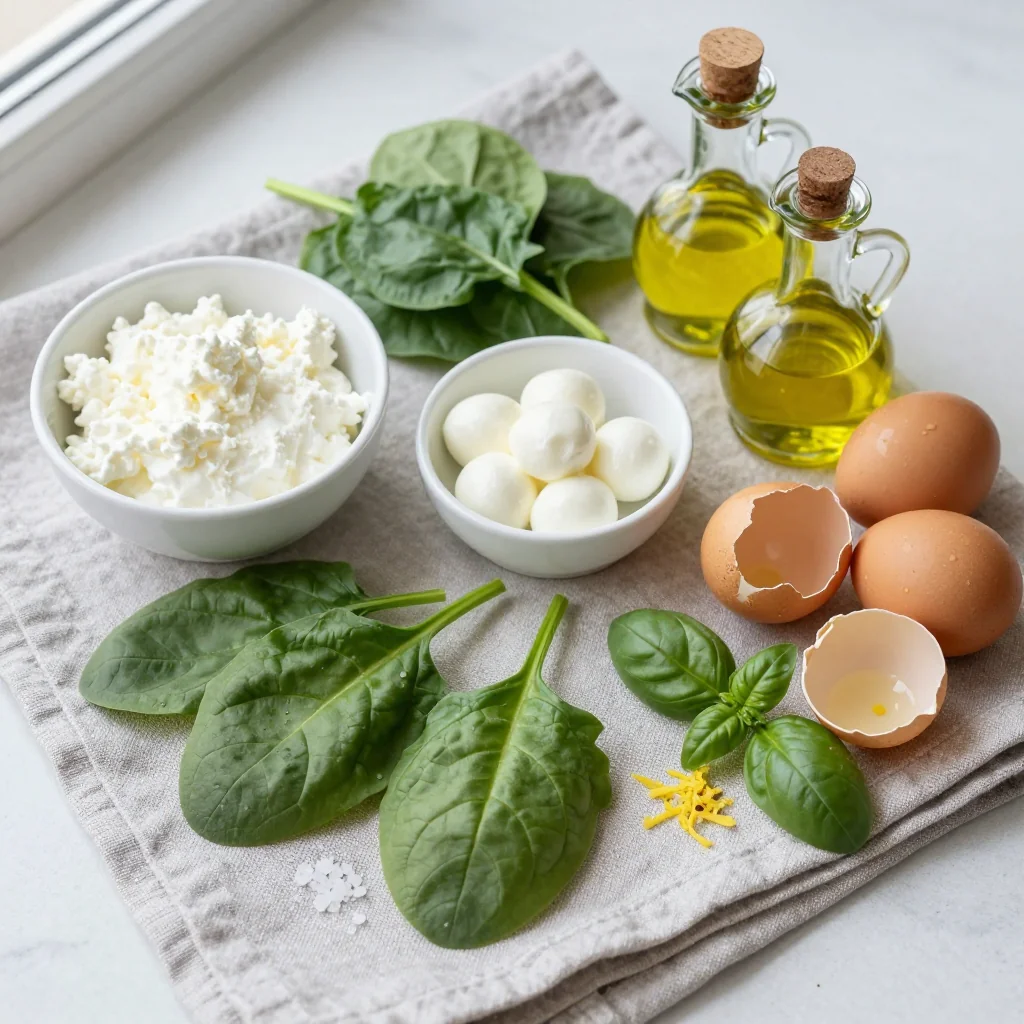 All ingredients for Stuffed Shells with Spinach Ricotta and Mozzarella