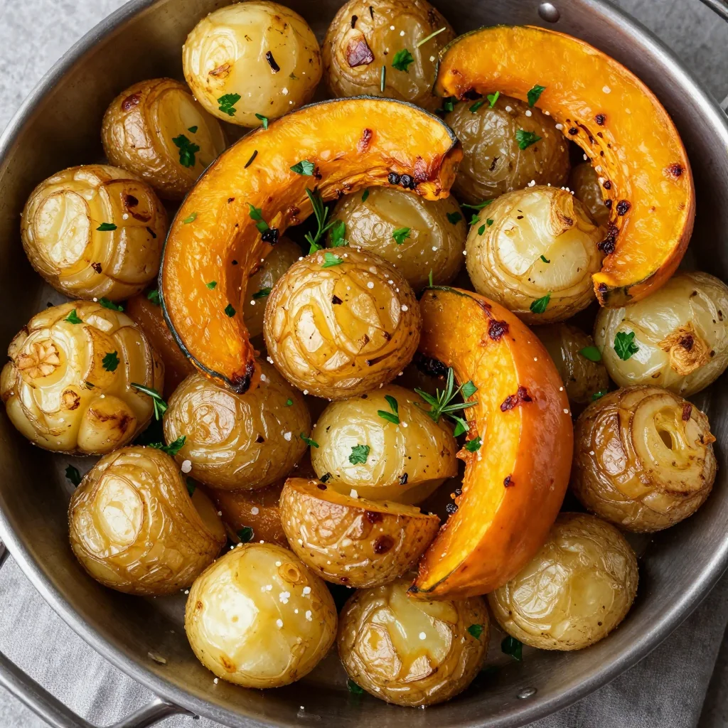 batch cooking friendly garlic roasted potatoes and winter vegetables