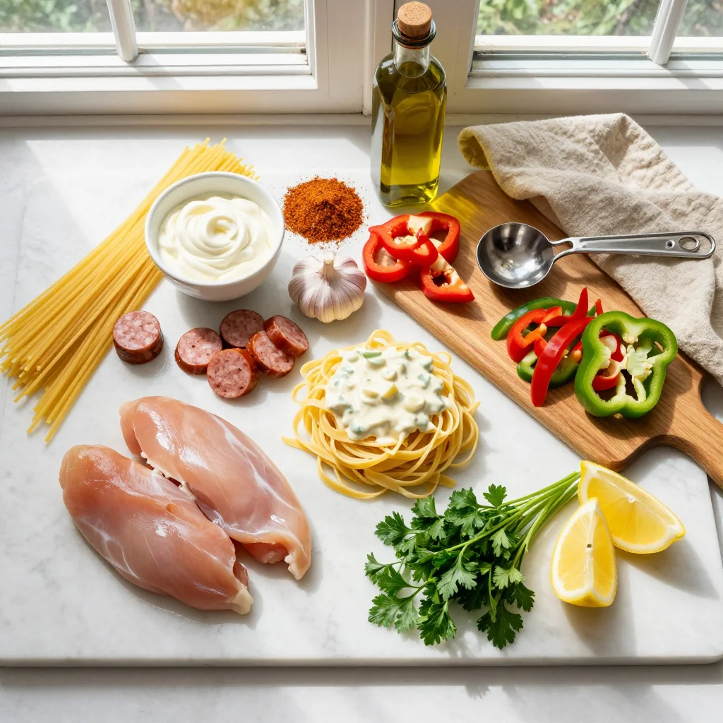 All ingredients for Cajun Chicken and Sausage Pasta Creamy Sauce