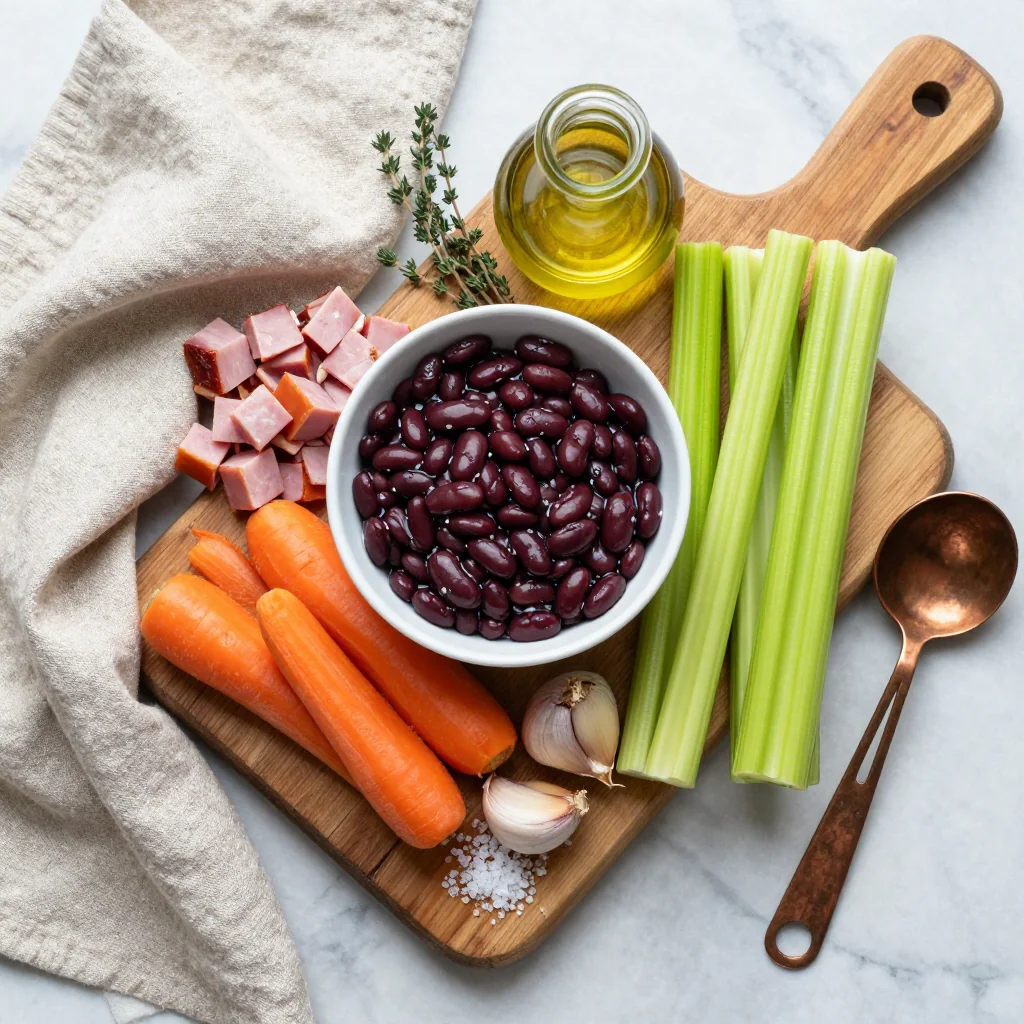 All ingredients for Ham and Bean Soup with Carrots and Celery laid out on a wooden board