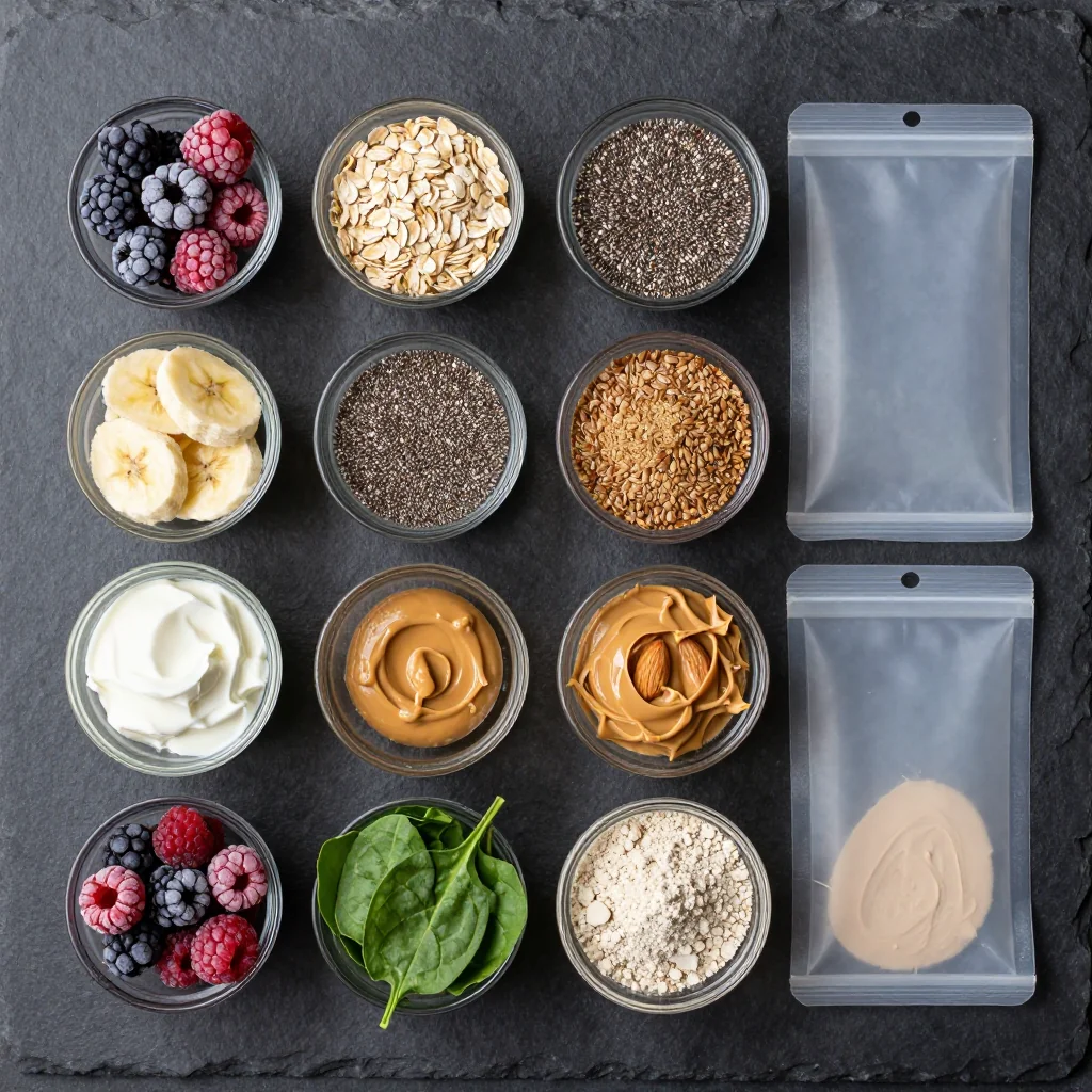 Frozen fruit, spinach, bananas, and add-ins arranged on a marble counter