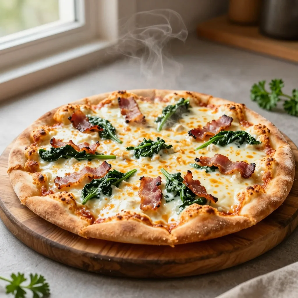 Chicken Alfredo Pizza with Spinach and Bacon