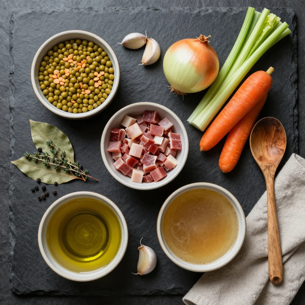 Split pea and ham soup ingredients arranged on a wooden board