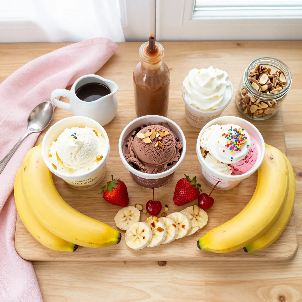 All ingredients laid out for Banana Split with All Toppings