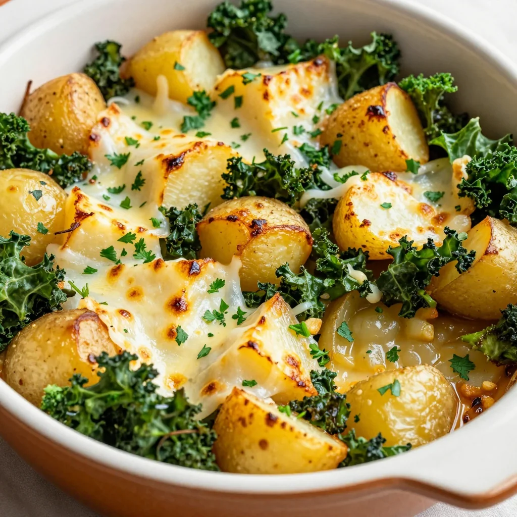 healthy budget friendly garlic roasted potato and kale casserole
