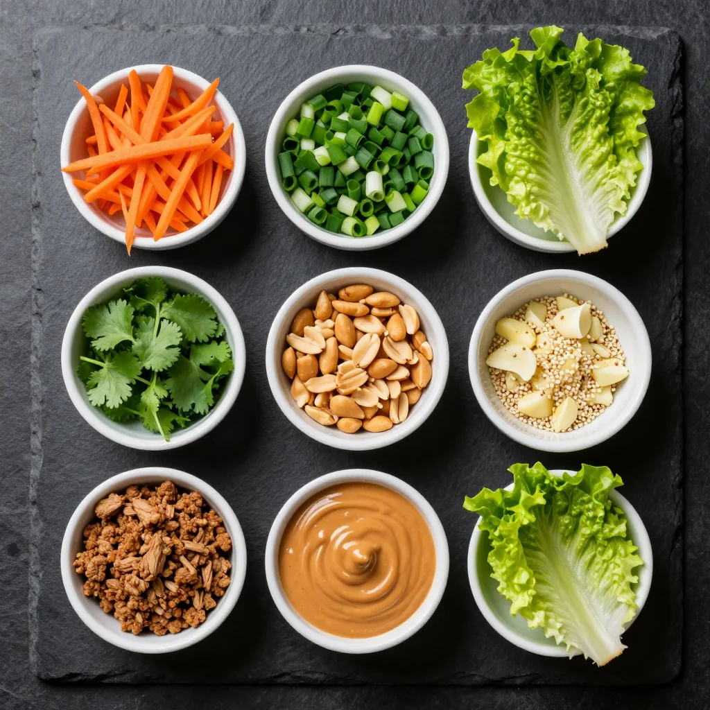 Fresh ingredients arranged for turkey lettuce wraps with vibrant vegetables and peanut sauce components