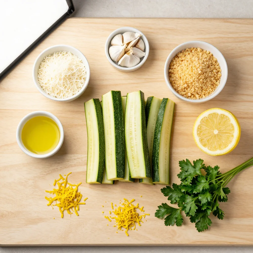 All ingredients for Baked Parmesan Zucchini Fries with Marinara Sauce