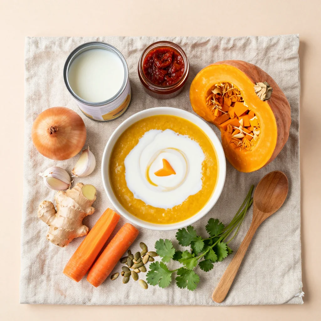All ingredients for Pumpkin Soup with Coconut Milk and Curry