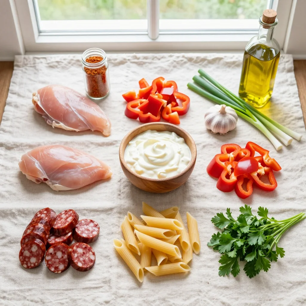 All ingredients for Cajun Chicken and Sausage Pasta Creamy