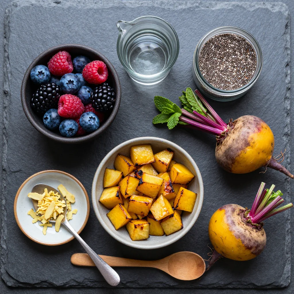Golden beets, mixed berries, flaxseed, and greens arranged on a white marble surface