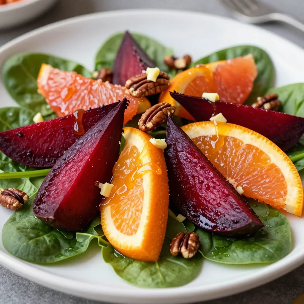 roasted beet and citrus salad with spinach and toasted pecans for winter