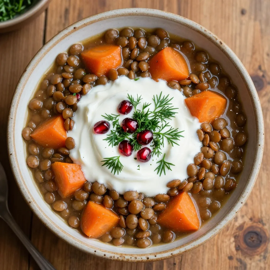 batch cooked lentil and carrot stew with herbs for warm family dinners