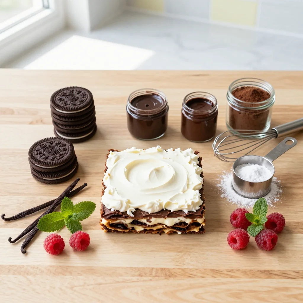 All ingredients for Chocolate Lasagna Dessert with Oreo Crust