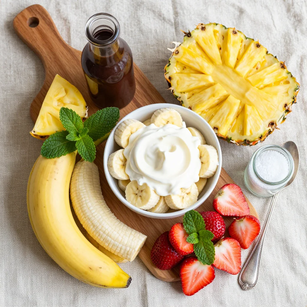 All ingredients for Banana Split Fluff Salad arranged on a wooden board