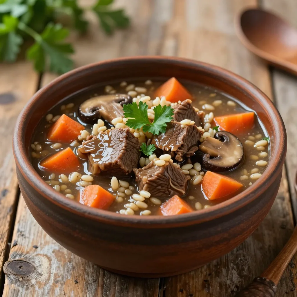 Hearty Beef Barley Soup With Mushrooms And Carrots
