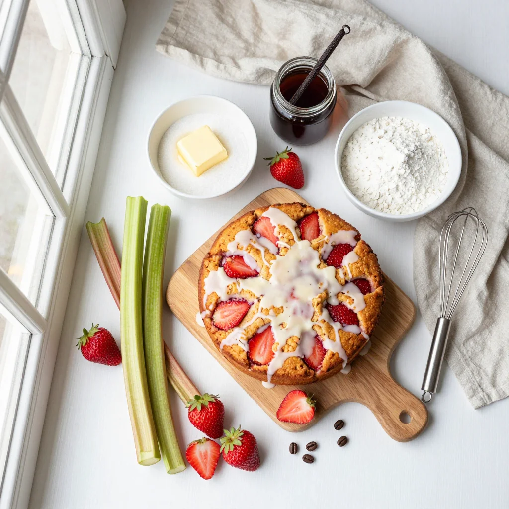 All ingredients for Strawberry Rhubarb Coffee Cake with Vanilla Glaze