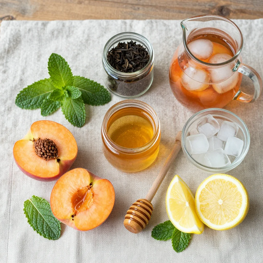 All ingredients for Peach Iced Tea with Fresh Mint