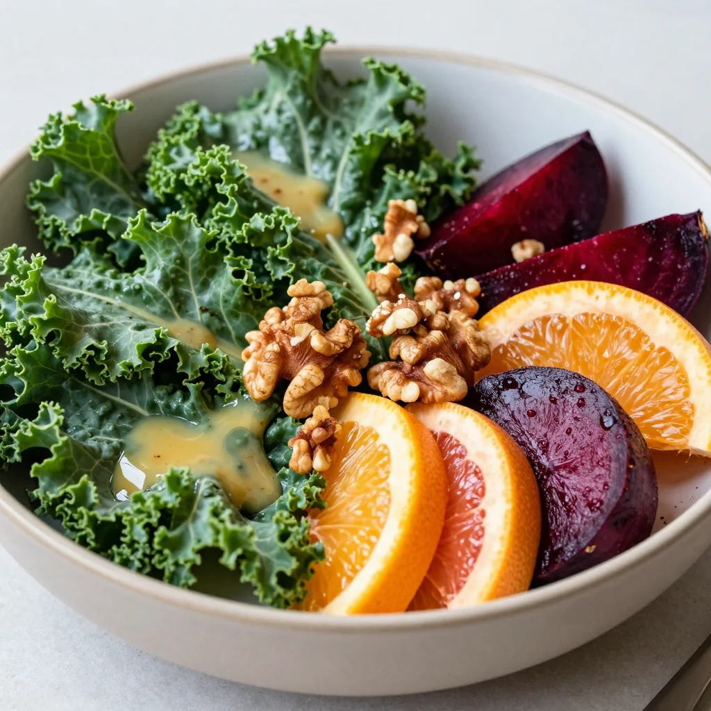 healthy citrus and kale salad with roasted beets and walnuts