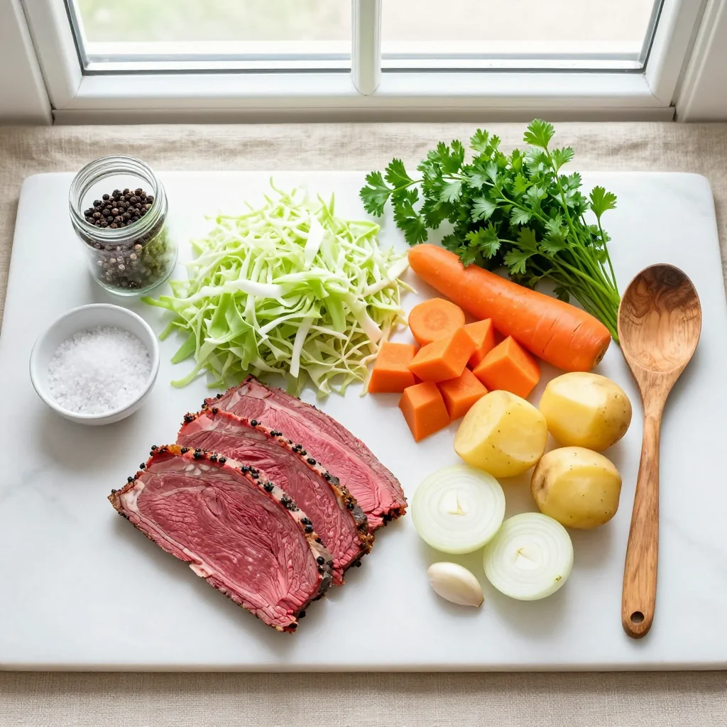 All ingredients for Slow Cooker Corned Beef and Cabbage Soup