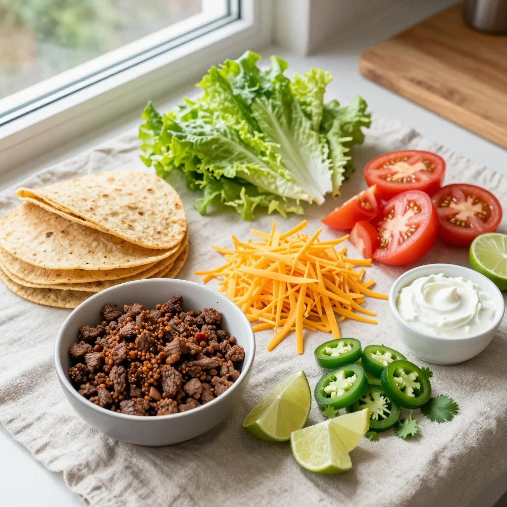 All ingredients for Tacos with Hard Shell and Ground Beef