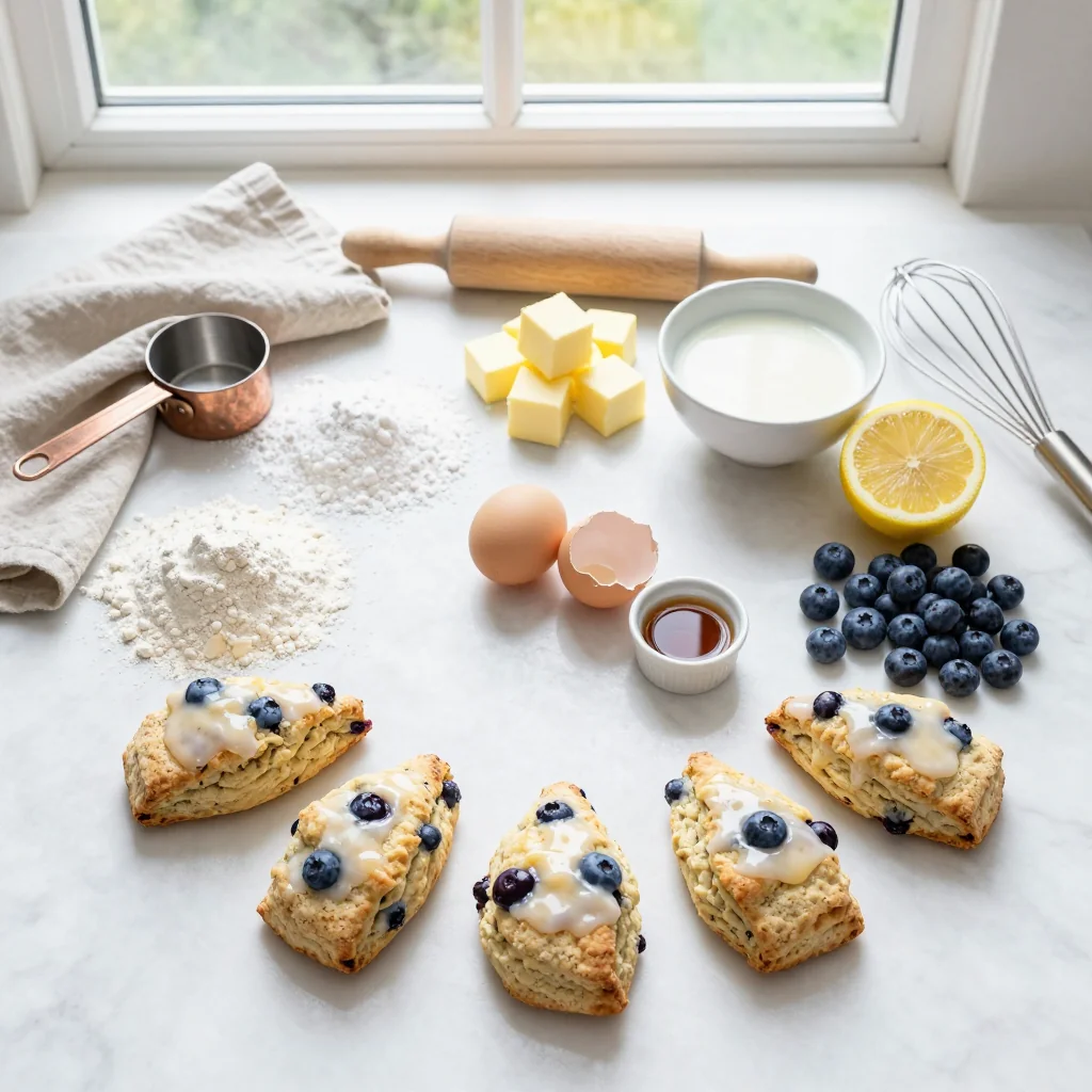 All ingredients for Lemon Blueberry Scones with Glaze arranged on a wooden board