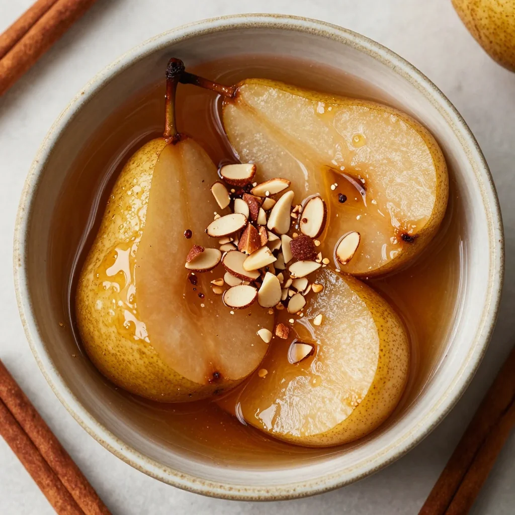 warm cinnamon spiced pear compote with honey and almonds for winter desserts