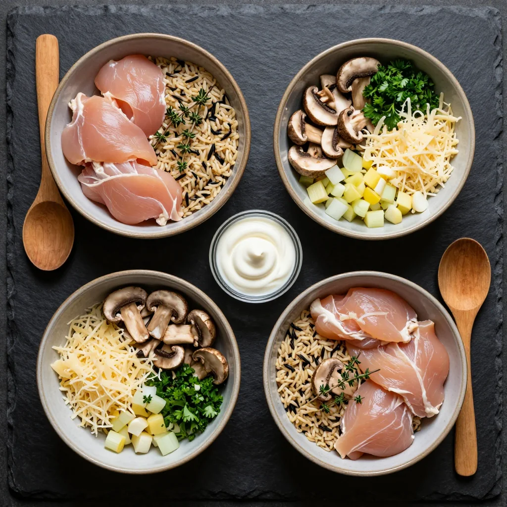 Ingredients laid out for Cozy Creamy Chicken and Wild Rice Casserole with Mushrooms
