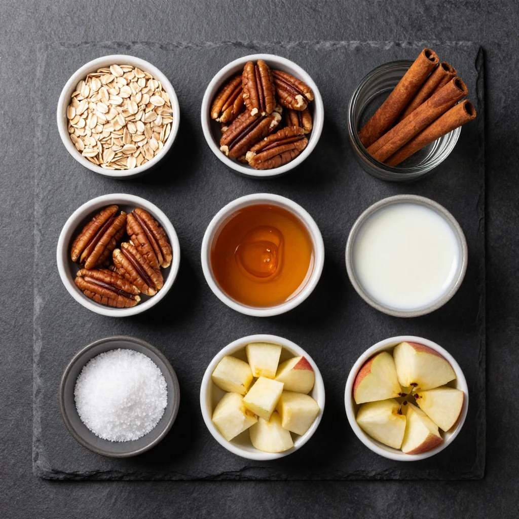 Steel cut oats, maple syrup, pecans, and spices arranged on a wooden board