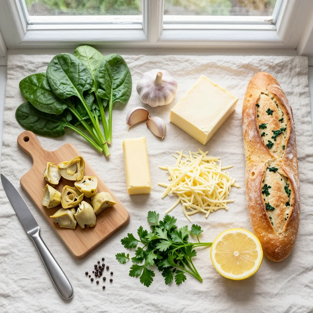 All ingredients for Cheesy Spinach and Artichoke Stuffed French Bread