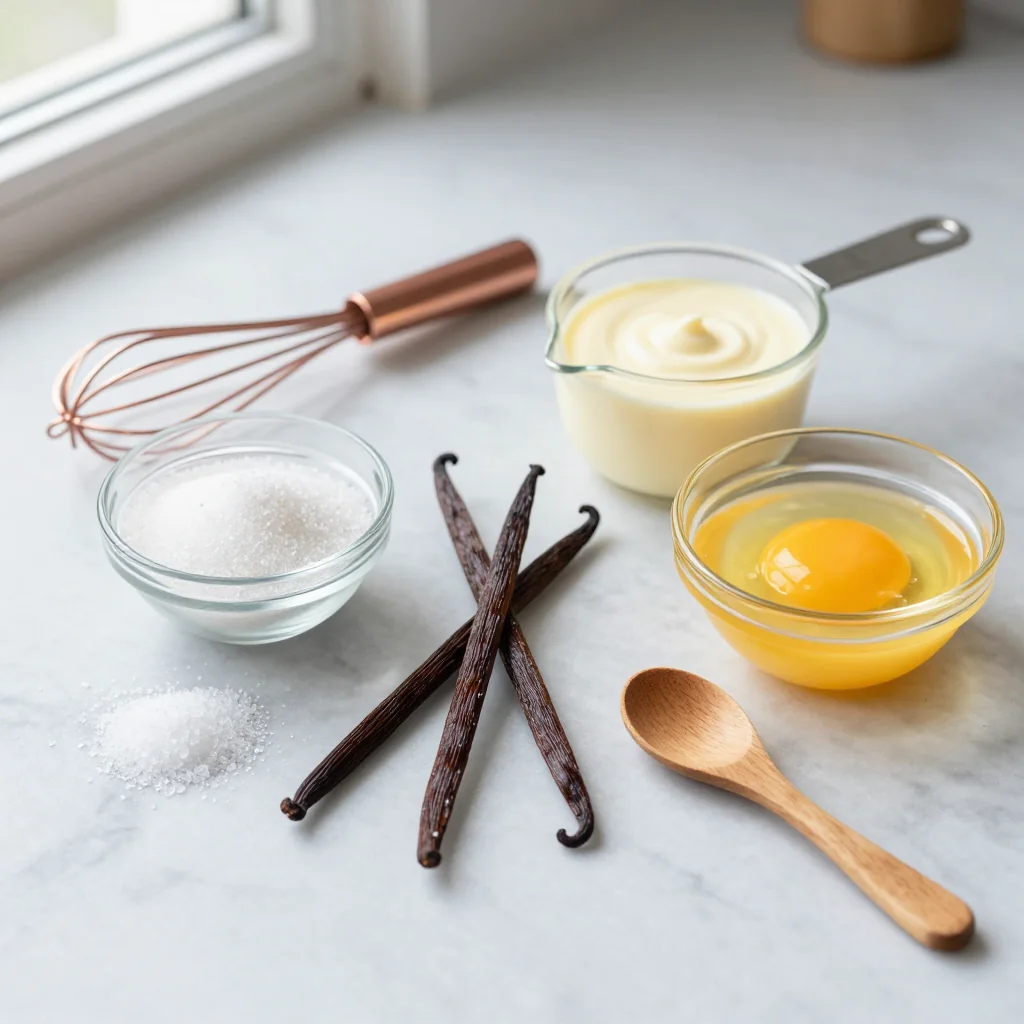 All ingredients for Vanilla Bean Crème Brûlée Restaurant Style